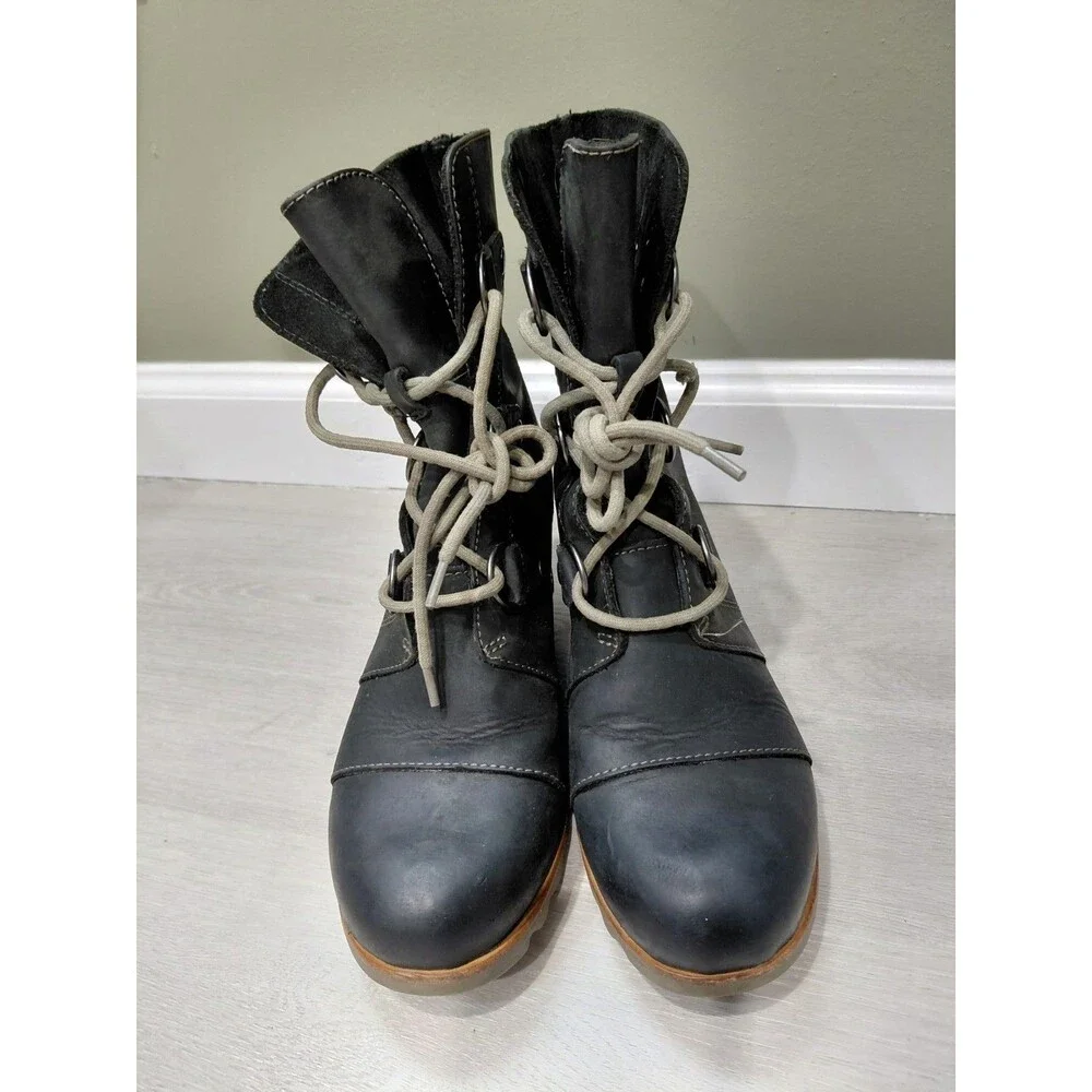Sorel Joan of Arctic Lace Up Lexie Wedge Black Oil Rubbed Leather Women Size 7.5